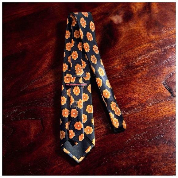 Bijan Black Silk Floral Tie - Orange Daisy Print | Statement Luxury Neckwear - Picture 3 of 15